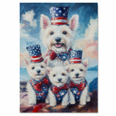 Westie Dog Family in Patriotic Outfits with American Flag Hats and Bows by the Water for Fourth of July Celebration on Ready to Hang 1.5" Thick Canvas Wrap, Floating Framed Canvas, Flat Rolled Canvas